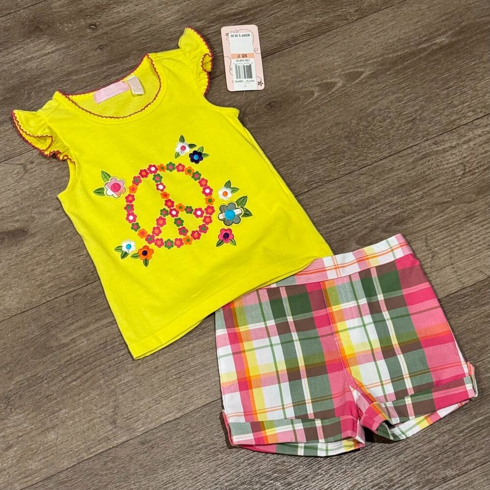Toddler Girls KIDS HEADQUARTERS 2-Pc SHORTS Outfit Yellow PINK Plaid PEACE Sign